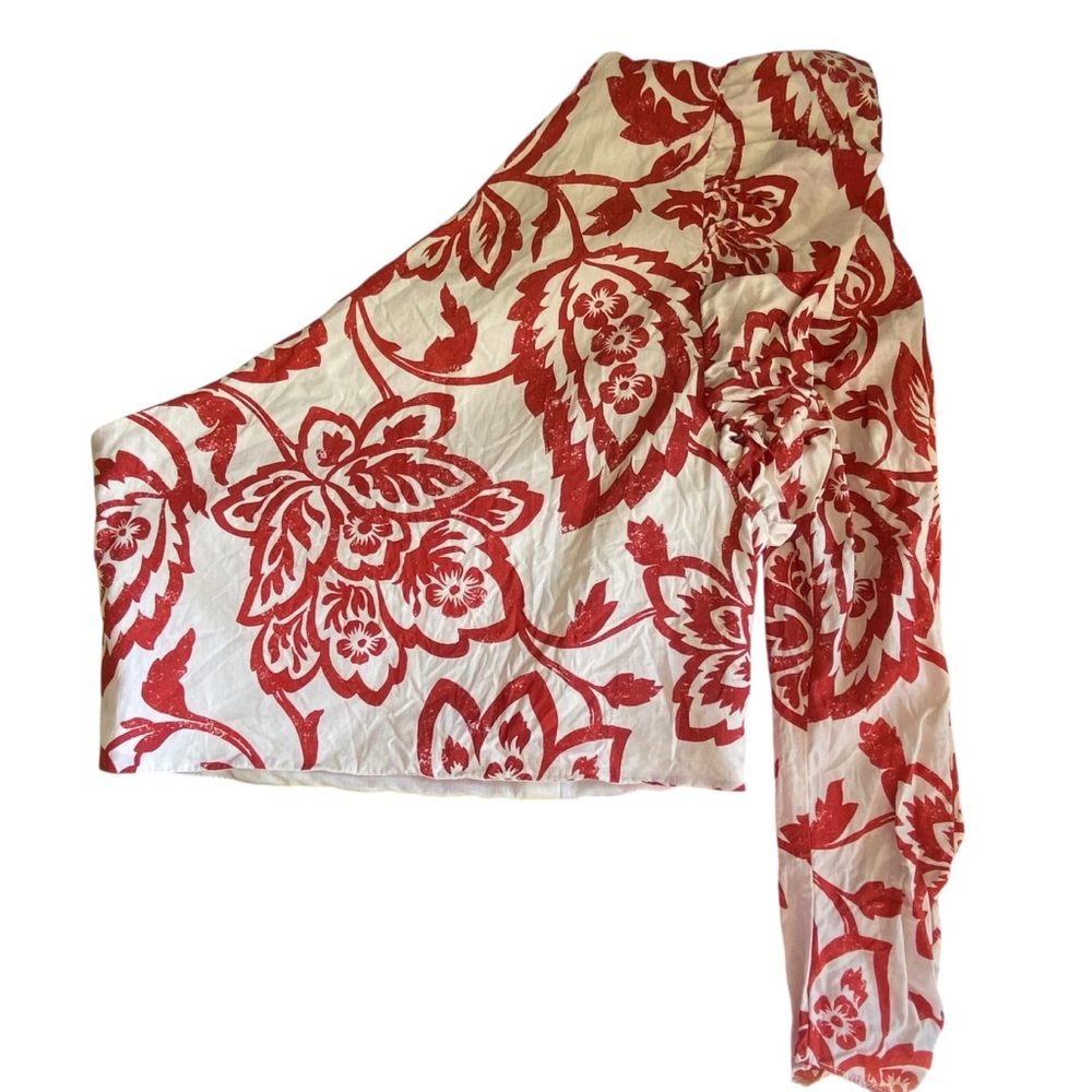 Zara One Shoulder Floral Cropped Top Size Large Red And Cream Ruffle Shoulder - Picture 2 of 9